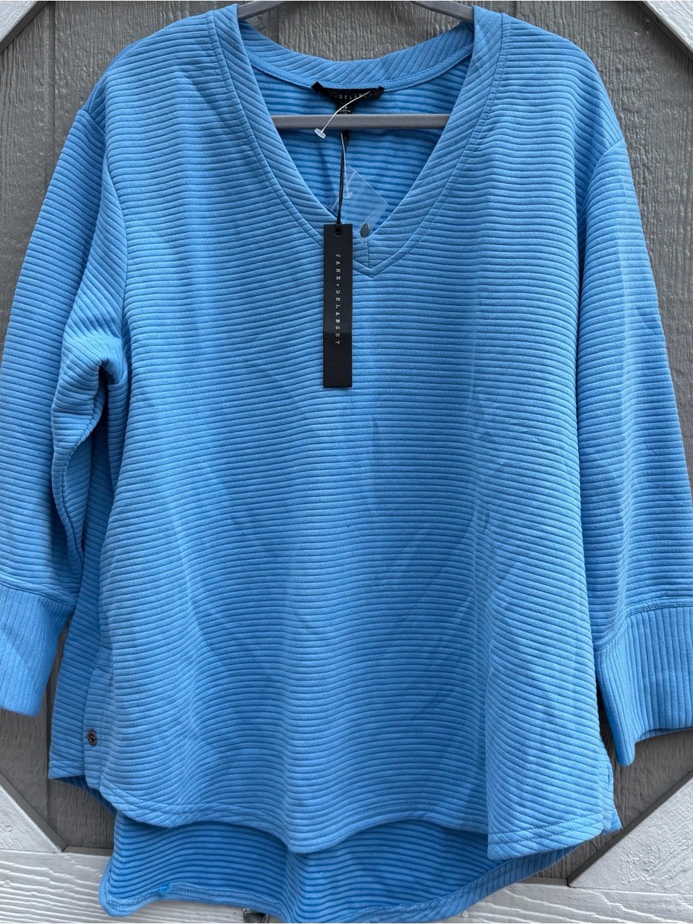 Jane & Delancey Sky Blue Ribbed V-Neck Pullover Sweatshirt